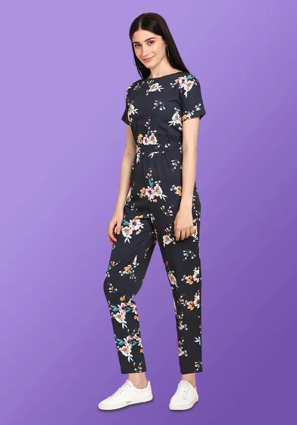 A Boho Style Navy Blue Floral Jumpsuit