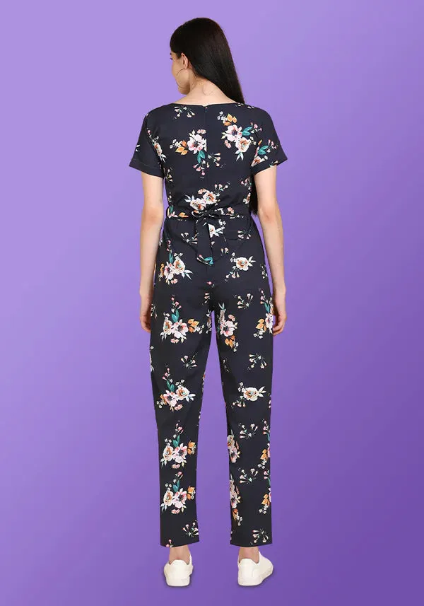 A Boho Style Navy Blue Floral Jumpsuit