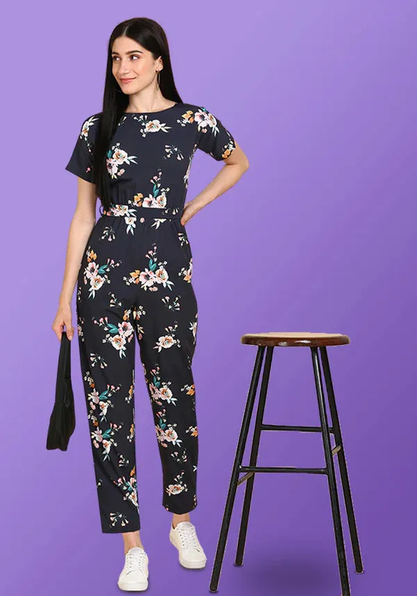 A Boho Style Navy Blue Floral Jumpsuit