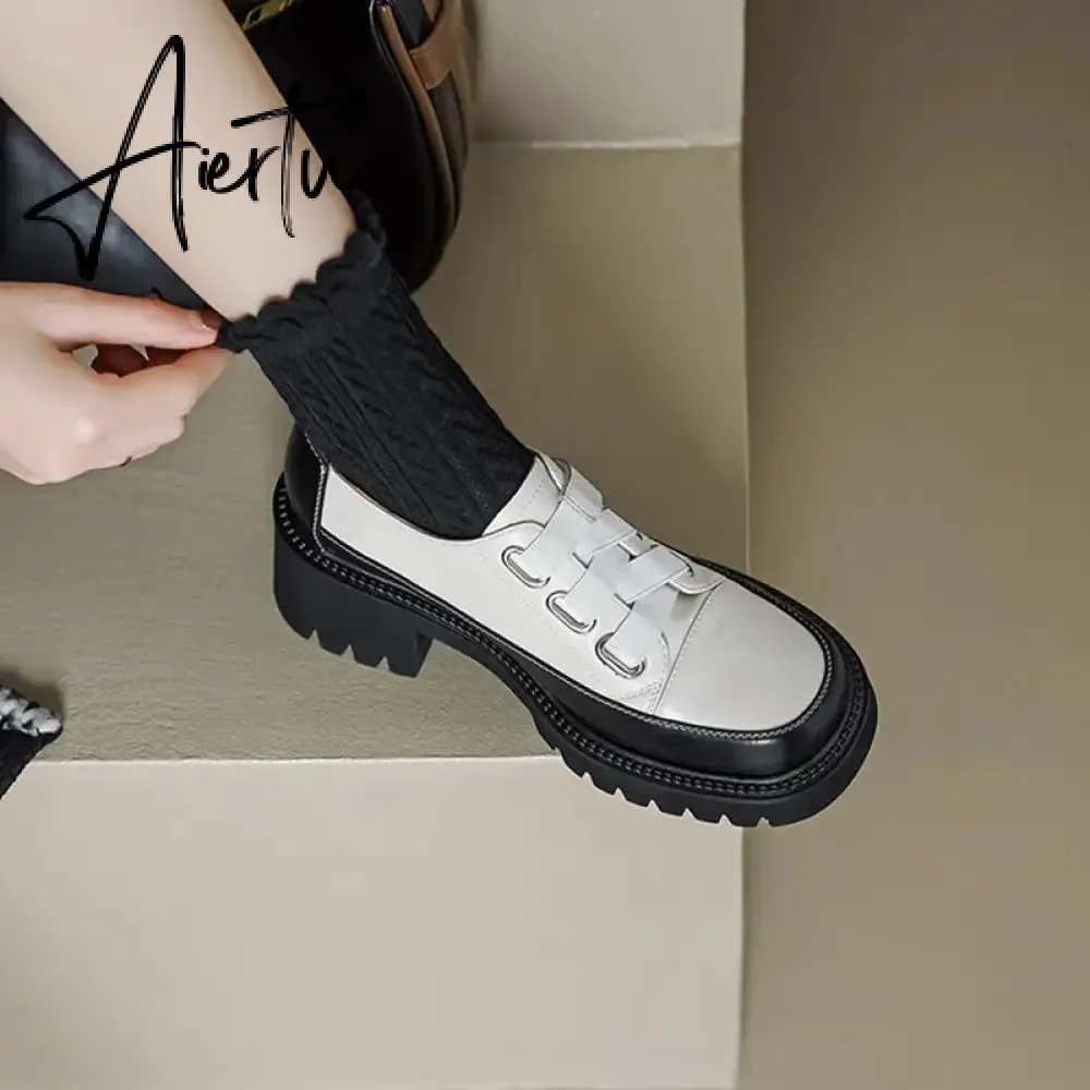 Aiertu Spring/Autumn Women Shoes Split Leather Shoes Round Toe Lace Up Platform Shoes Color Mixed Thick Heel Loafers for Women Sneakers