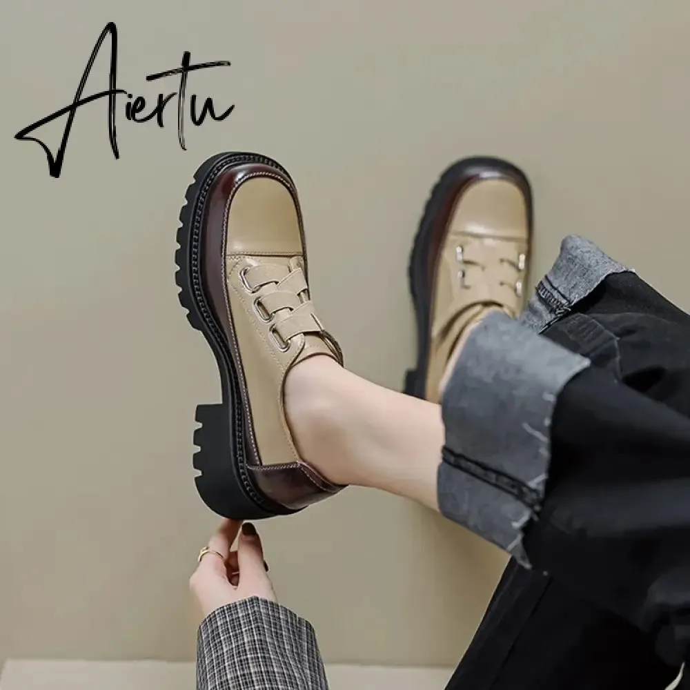 Aiertu Spring/Autumn Women Shoes Split Leather Shoes Round Toe Lace Up Platform Shoes Color Mixed Thick Heel Loafers for Women Sneakers