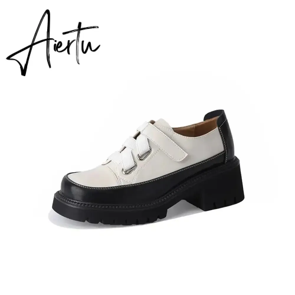 Aiertu Spring/Autumn Women Shoes Split Leather Shoes Round Toe Lace Up Platform Shoes Color Mixed Thick Heel Loafers for Women Sneakers