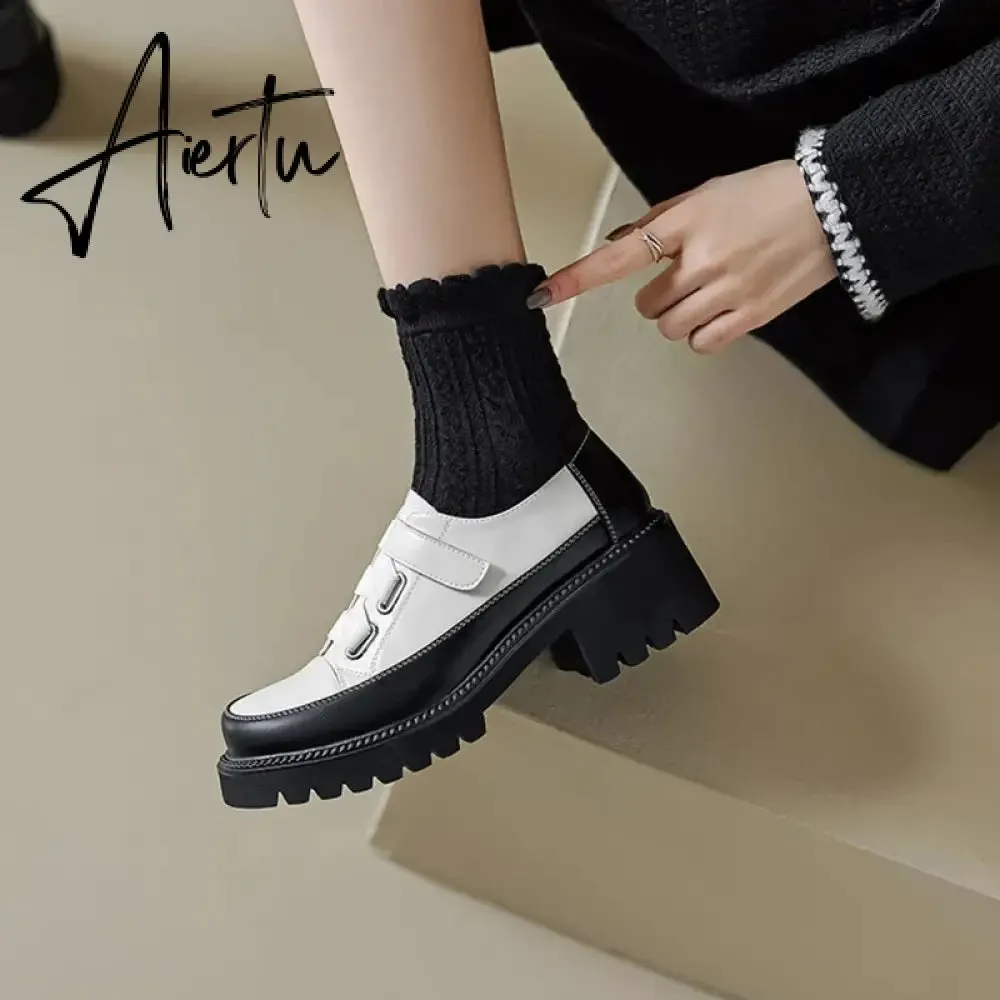 Aiertu Spring/Autumn Women Shoes Split Leather Shoes Round Toe Lace Up Platform Shoes Color Mixed Thick Heel Loafers for Women Sneakers