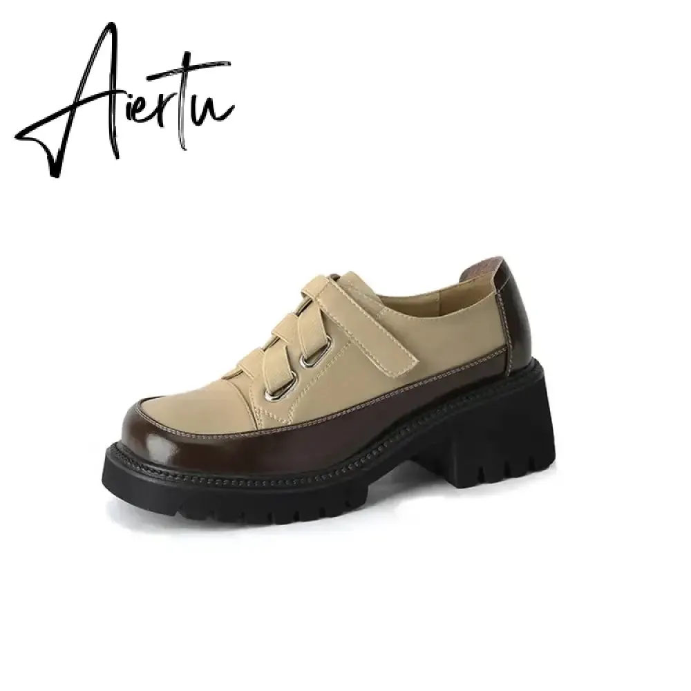 Aiertu Spring/Autumn Women Shoes Split Leather Shoes Round Toe Lace Up Platform Shoes Color Mixed Thick Heel Loafers for Women Sneakers