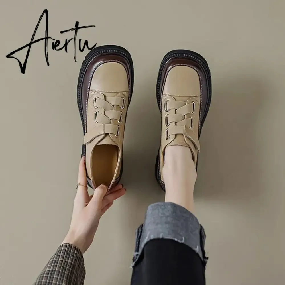 Aiertu Spring/Autumn Women Shoes Split Leather Shoes Round Toe Lace Up Platform Shoes Color Mixed Thick Heel Loafers for Women Sneakers