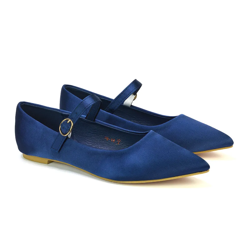 Aimee Pointed Toe Strappy Ballerina Pump Flat Shoes in Navy Satin