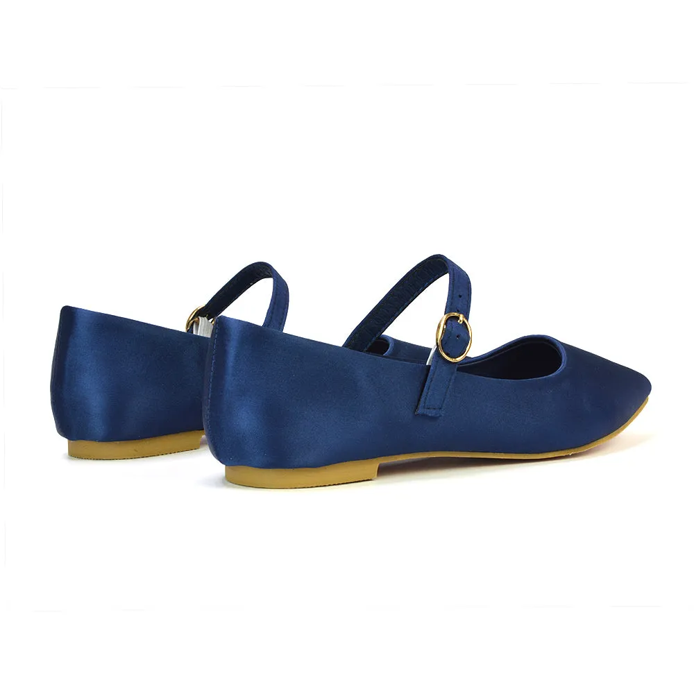 Aimee Pointed Toe Strappy Ballerina Pump Flat Shoes in Navy Satin