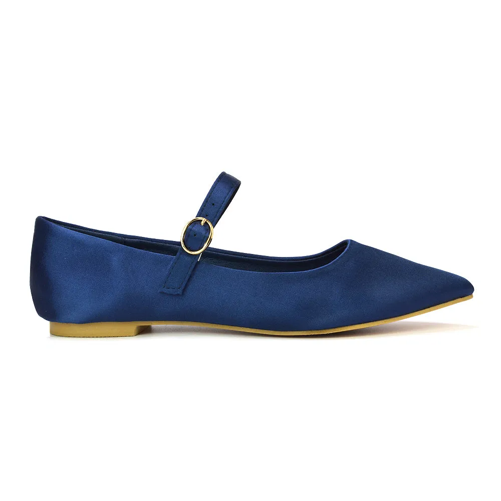 Aimee Pointed Toe Strappy Ballerina Pump Flat Shoes in Navy Satin