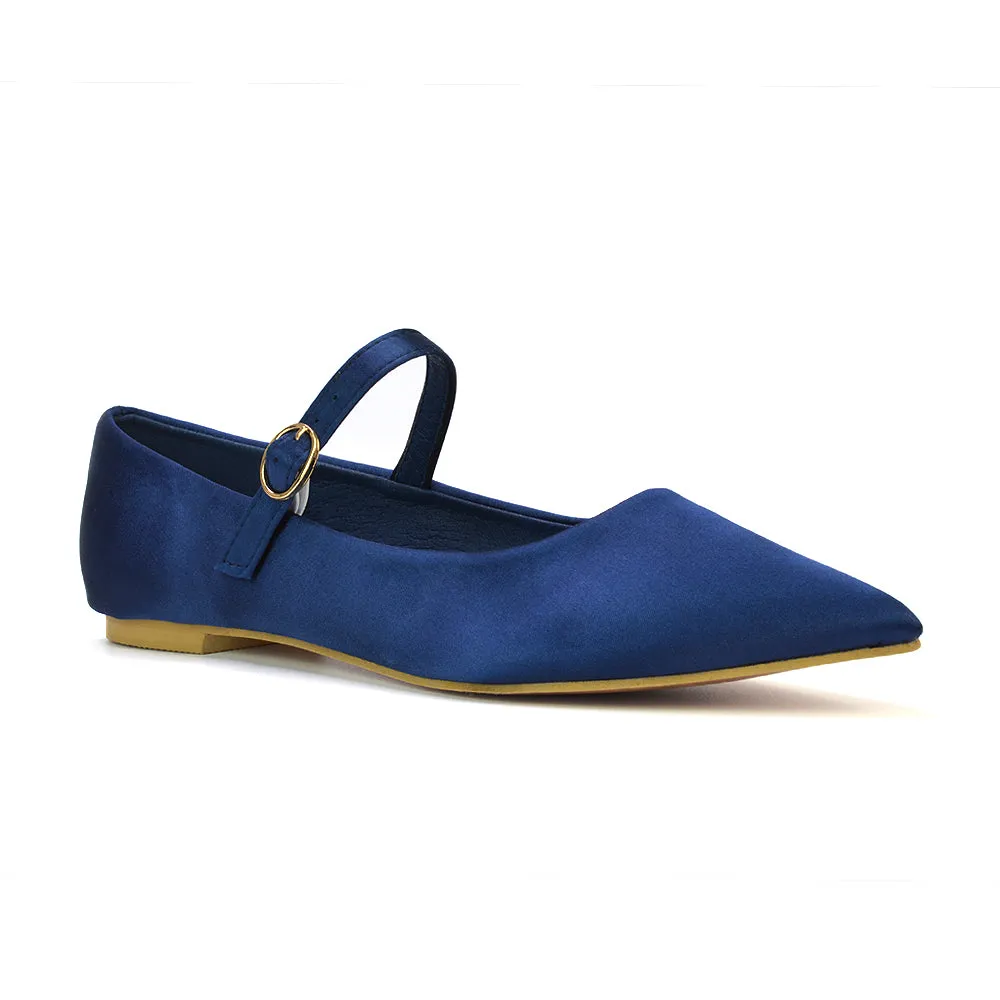 Aimee Pointed Toe Strappy Ballerina Pump Flat Shoes in Navy Satin