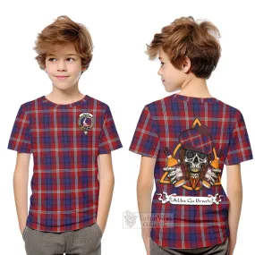 Ainslie Tartan Kid T-Shirt with Family Crest and Bearded Skull Holding Bottles of Whiskey