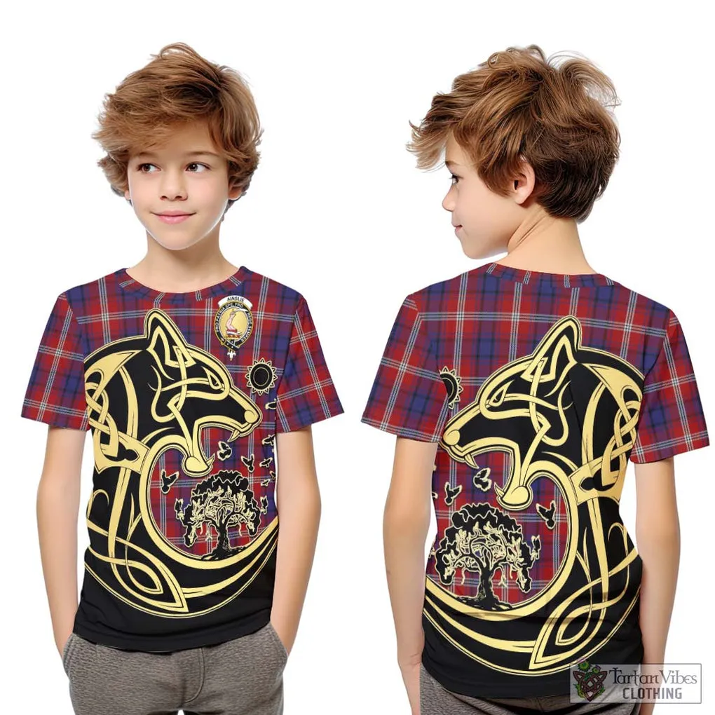 Ainslie Tartan Kid T-Shirt with Family Crest Celtic Wolf Style