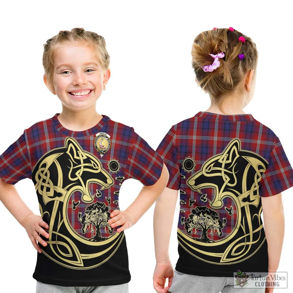 Ainslie Tartan Kid T-Shirt with Family Crest Celtic Wolf Style