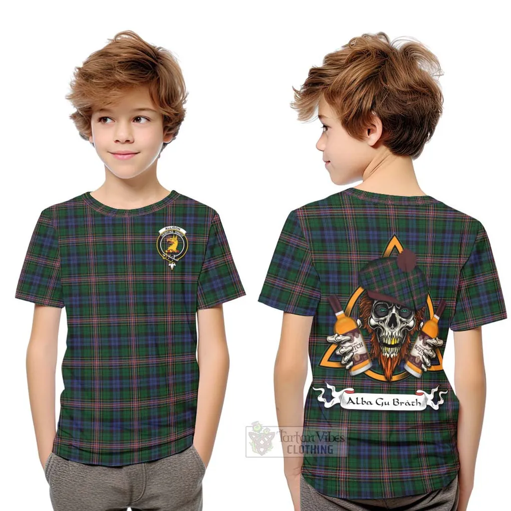 Allison Tartan Kid T-Shirt with Family Crest and Bearded Skull Holding Bottles of Whiskey