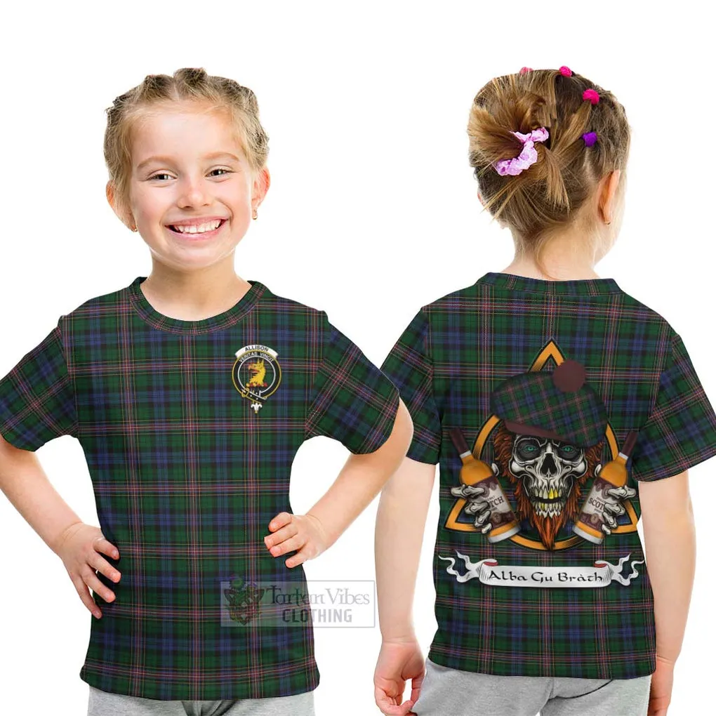 Allison Tartan Kid T-Shirt with Family Crest and Bearded Skull Holding Bottles of Whiskey