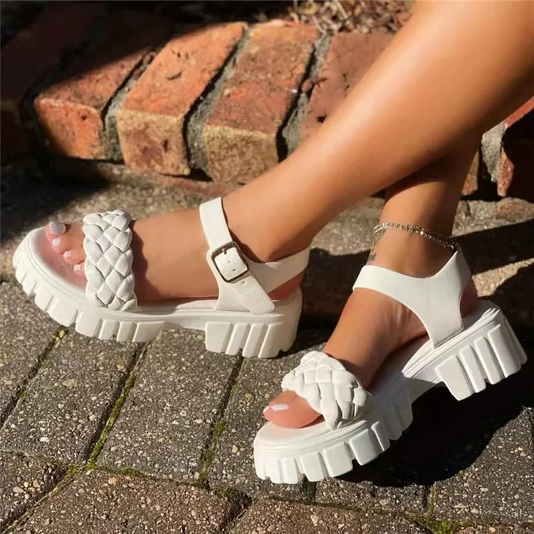 Amozae Elegant Women Leather Sandals New Summer Diamond Lattice Sandals Casual Velcro Flat Bottom Platform Sandals Women