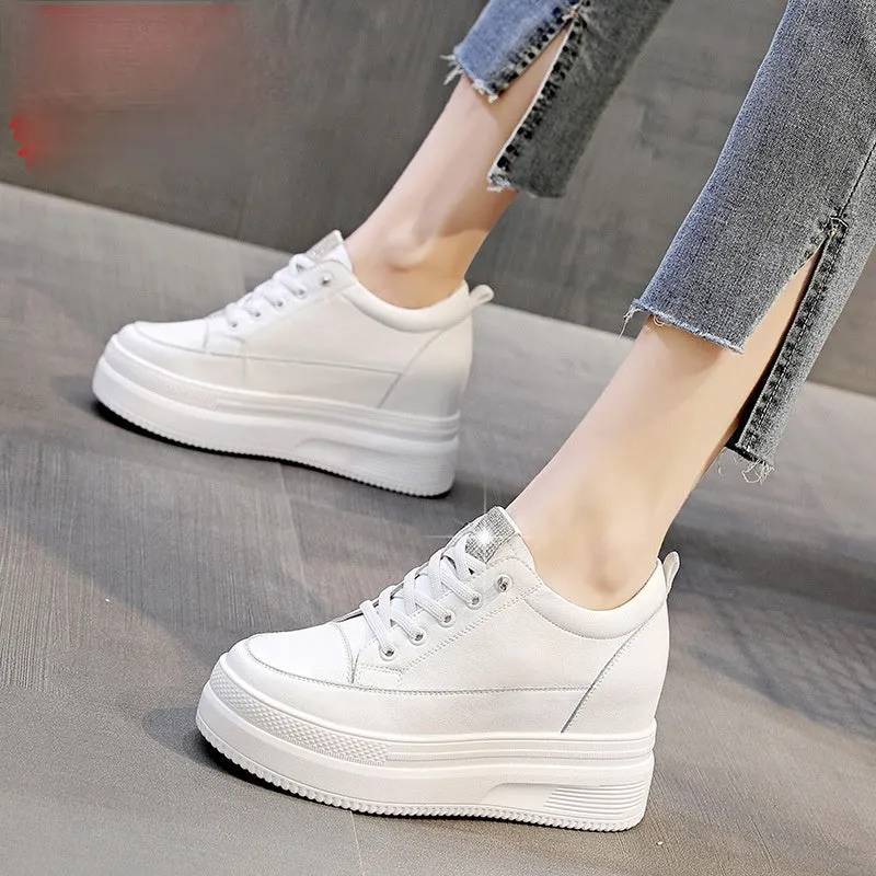 Amozae  Women Summer Shoes Chunky Sneakers Air Mesh Hollow Out Genuine Leather White Wedge Shoes Platform Heel Pumps Mujer Bombas