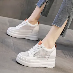 Amozae  Women Summer Shoes Chunky Sneakers Air Mesh Hollow Out Genuine Leather White Wedge Shoes Platform Heel Pumps Mujer Bombas