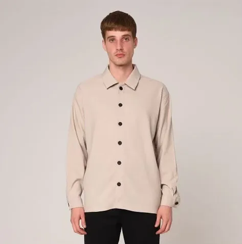 Antioch Taupe Long Sleeve Button Up Overshirt With Contrast Black Buttons