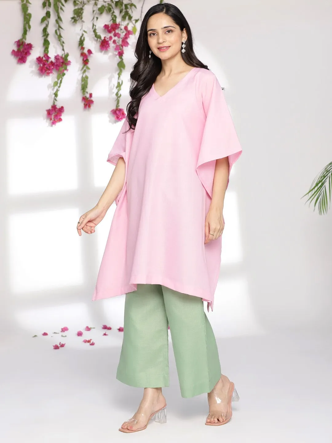 Babypink CottonSlub Kaftan & SageGreen Palazzo