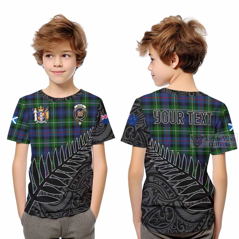 Baillie (Bailey) Crest Tartan Kid T-Shirt with New Zealand Silver Fern Half Style