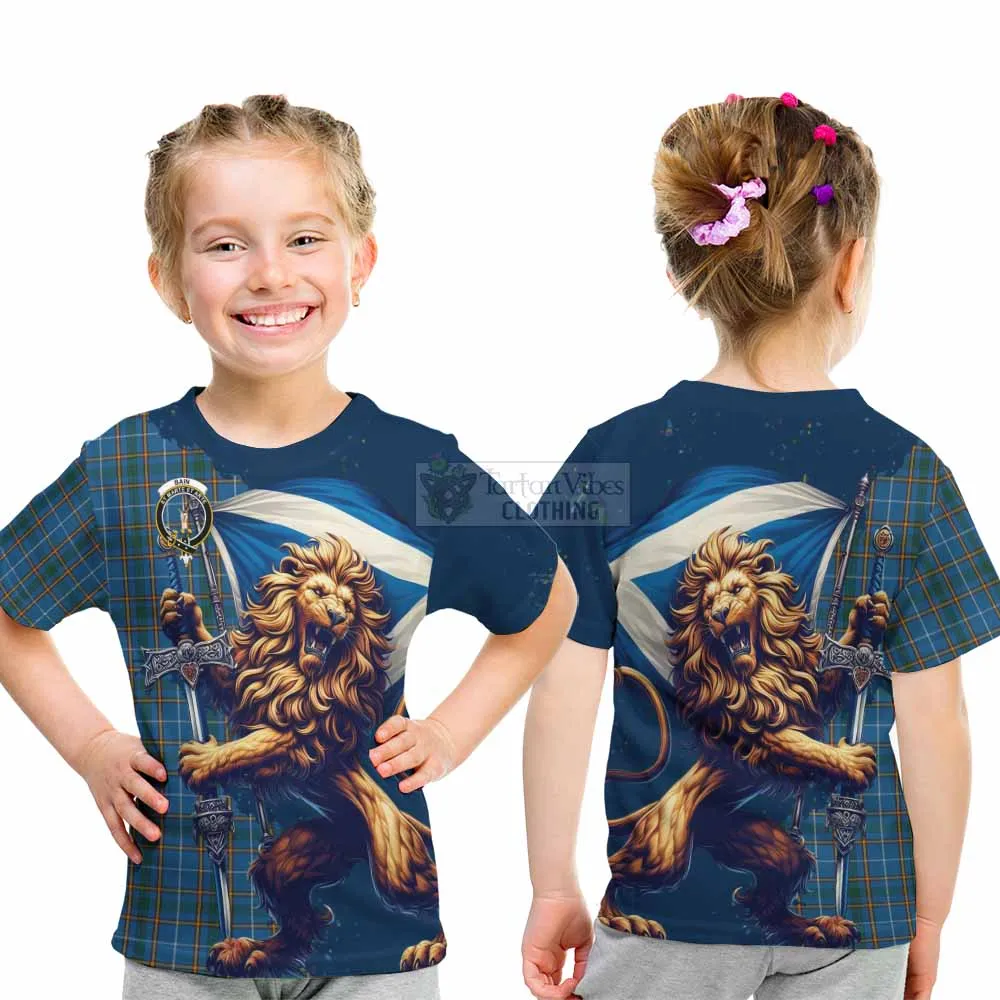 Bain Tartan Family Crest Kid T-Shirt with Scottish Majestic Lion