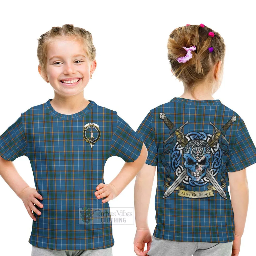 Bain Tartan Kid T-Shirt with Family Crest Celtic Skull Style