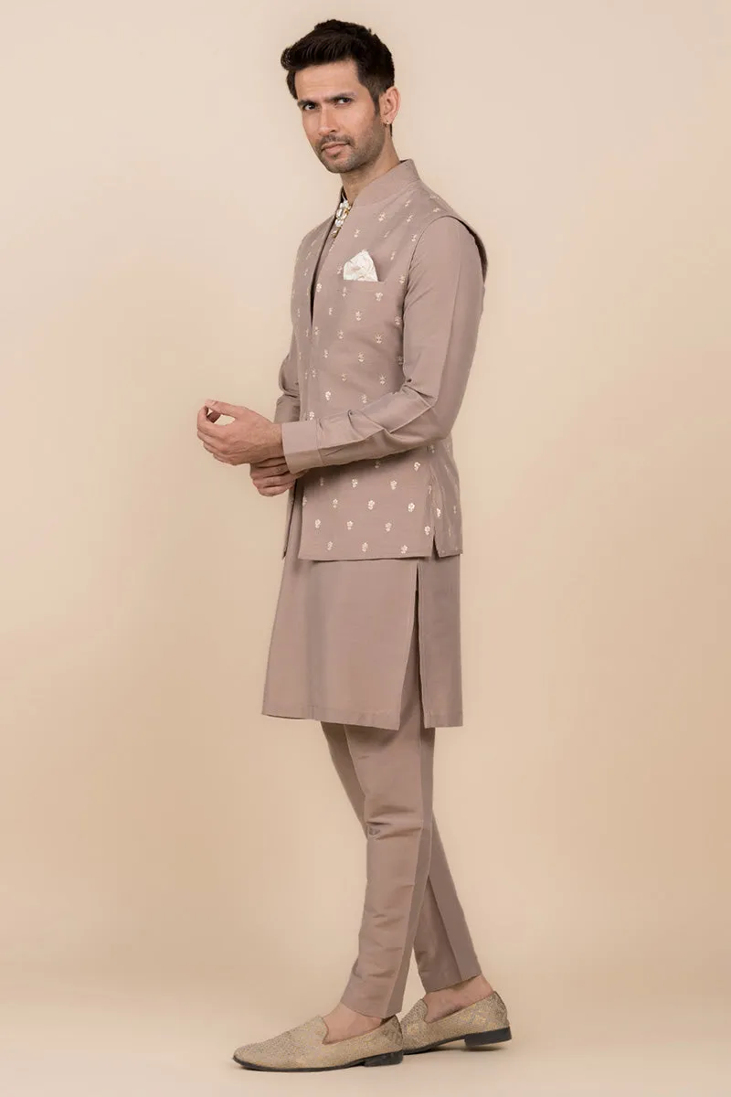 Beige All Over Embroidered Kurta Bundi Set