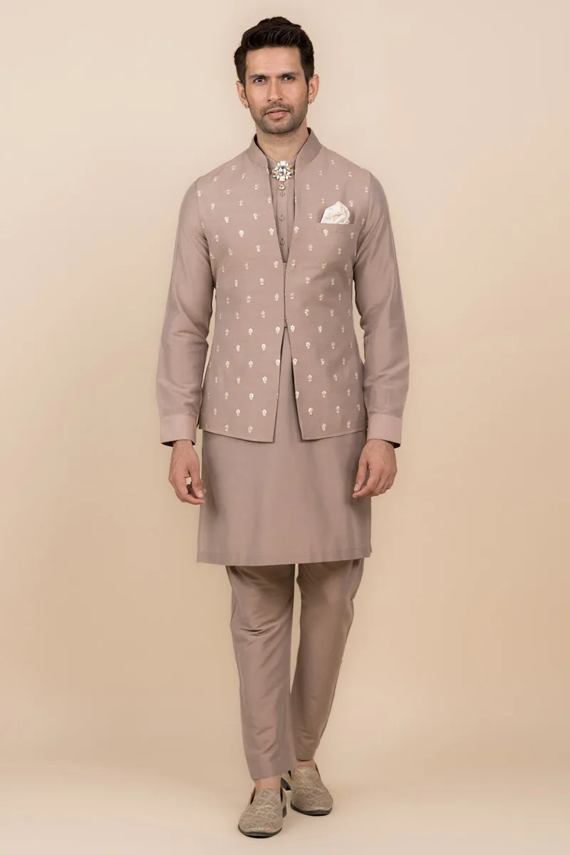 Beige All Over Embroidered Kurta Bundi Set