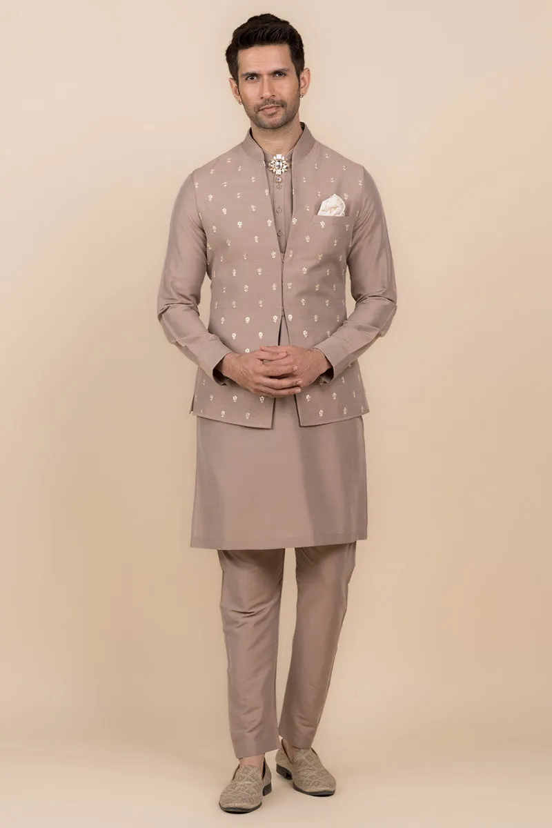 Beige All Over Embroidered Kurta Bundi Set