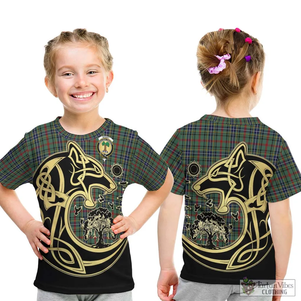 Bisset Tartan Kid T-Shirt with Family Crest Celtic Wolf Style