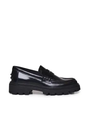 Black Leather Flat Loafers for Women