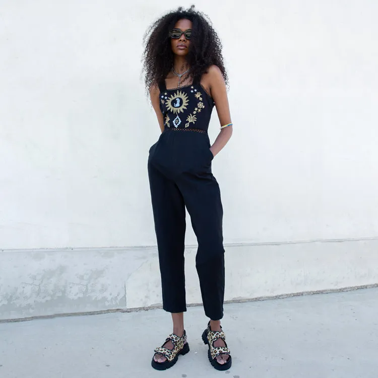 Black Leopard Embroidered Jumpsuit