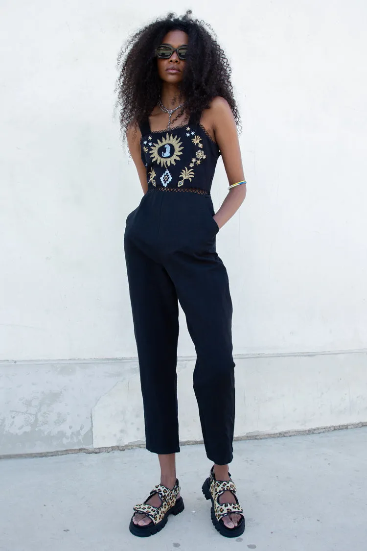 Black Leopard Embroidered Jumpsuit