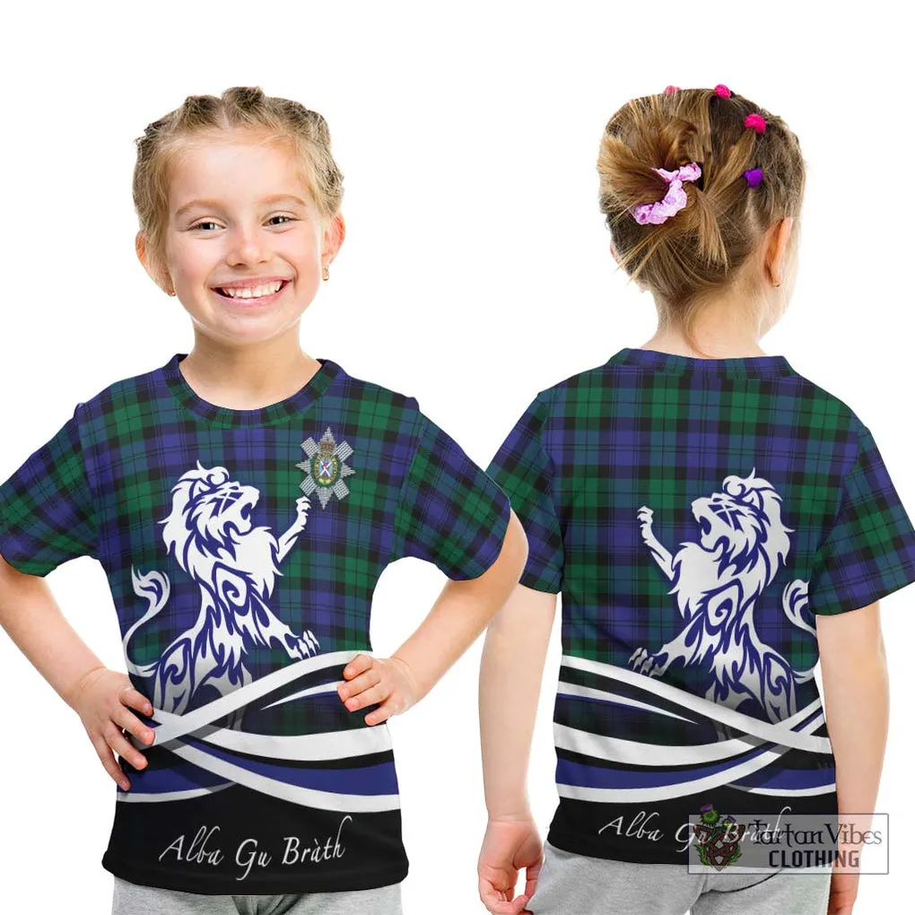 Black Watch Modern Tartan Kid T-Shirt with Alba Gu Brath Regal Lion Emblem