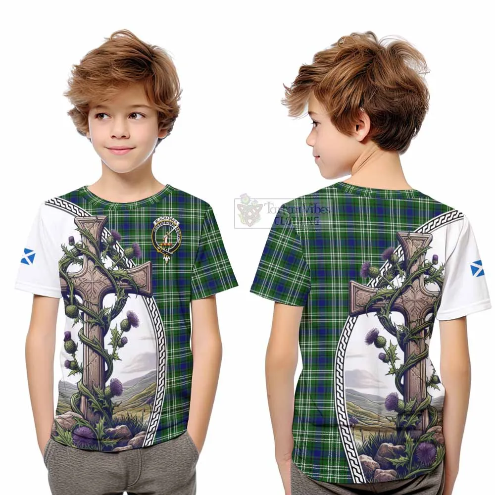 Blackadder Tartan Kid T-Shirt with Family Crest and St. Andrew's Cross Accented by Thistle Vines