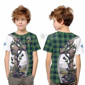 Blackadder Tartan Kid T-Shirt with Family Crest and St. Andrew's Cross Accented by Thistle Vines