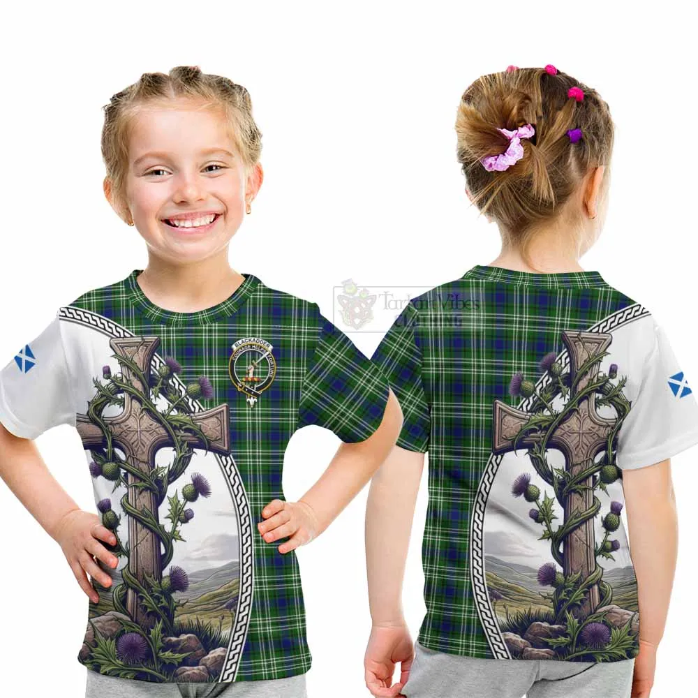 Blackadder Tartan Kid T-Shirt with Family Crest and St. Andrew's Cross Accented by Thistle Vines