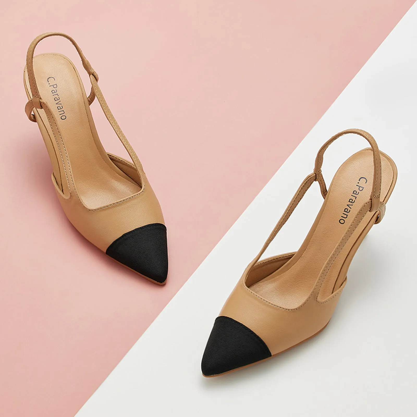 Cap-Toe Slingback Pumps (Helen) Beige