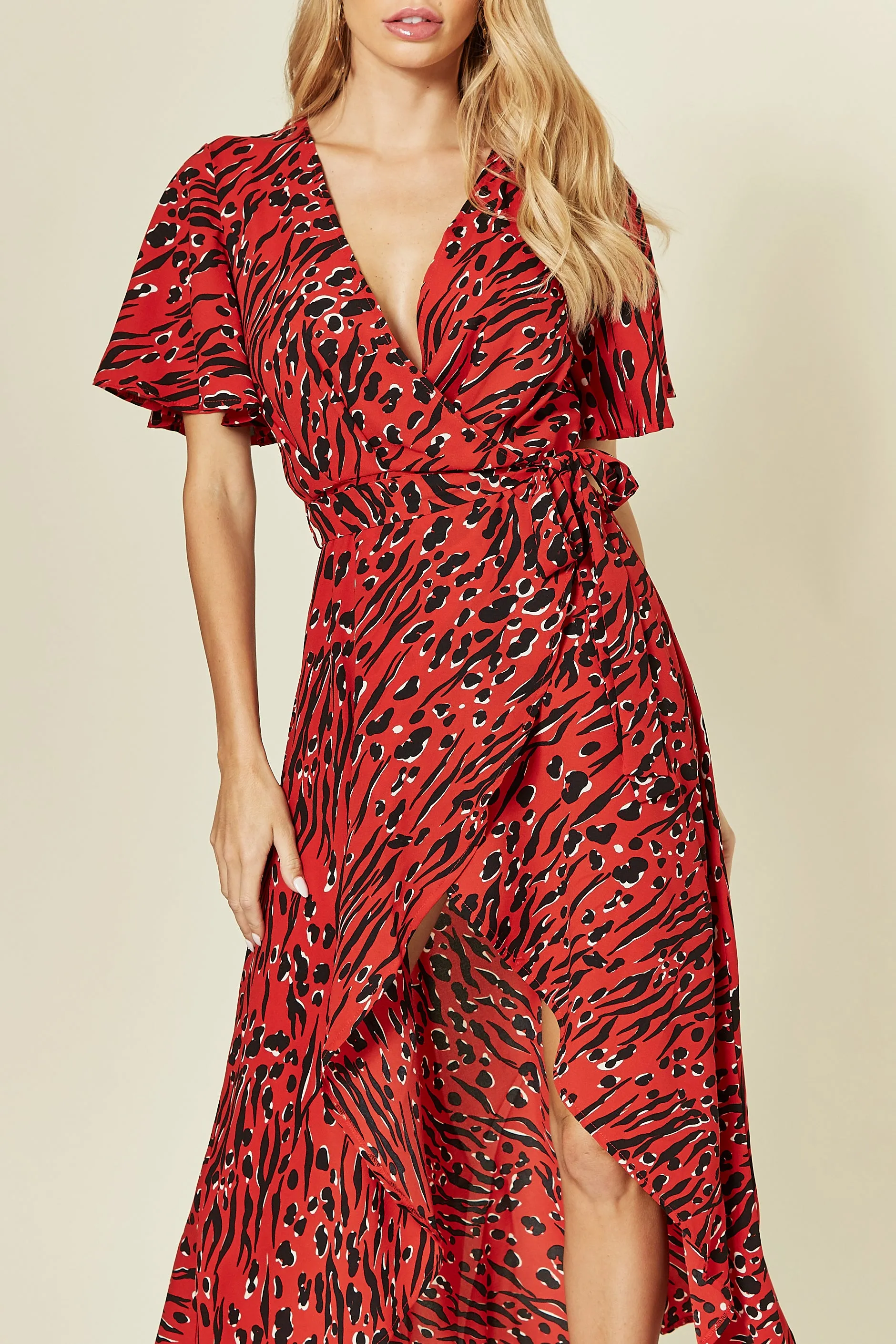 Cape Sleeve Wrap Dress in Red/Black Print