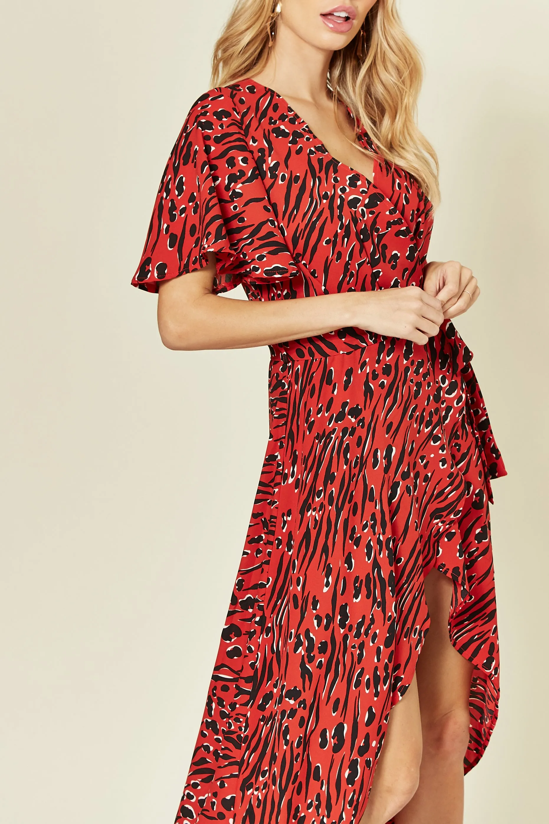 Cape Sleeve Wrap Dress in Red/Black Print