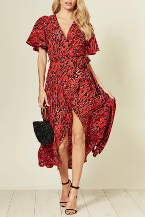 Cape Sleeve Wrap Dress in Red/Black Print