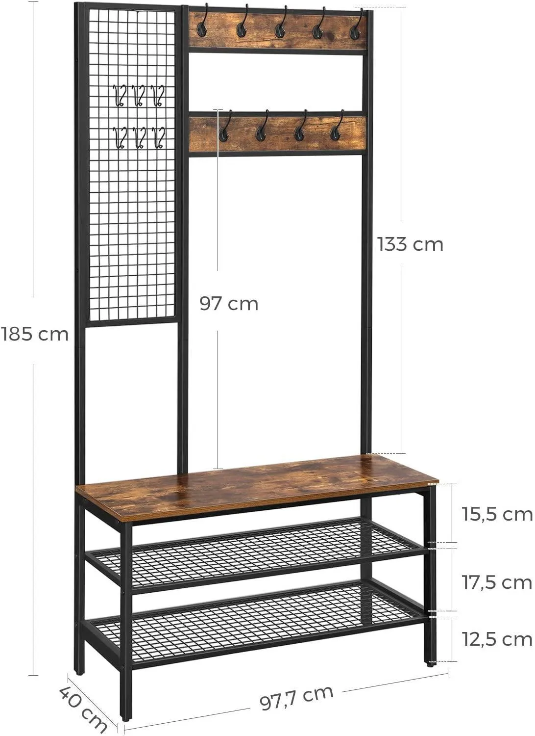 Coat Rack Stand Industrial Style with Grid Wall and Shoe storage 185 cm Tall Rustic Brown