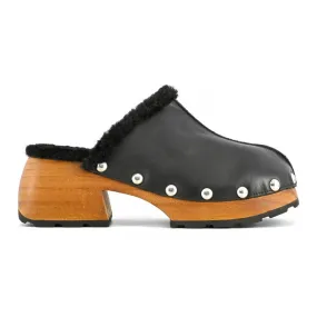 Coral Blue Elegant Black Leather Clogs with Faux Fur Trim