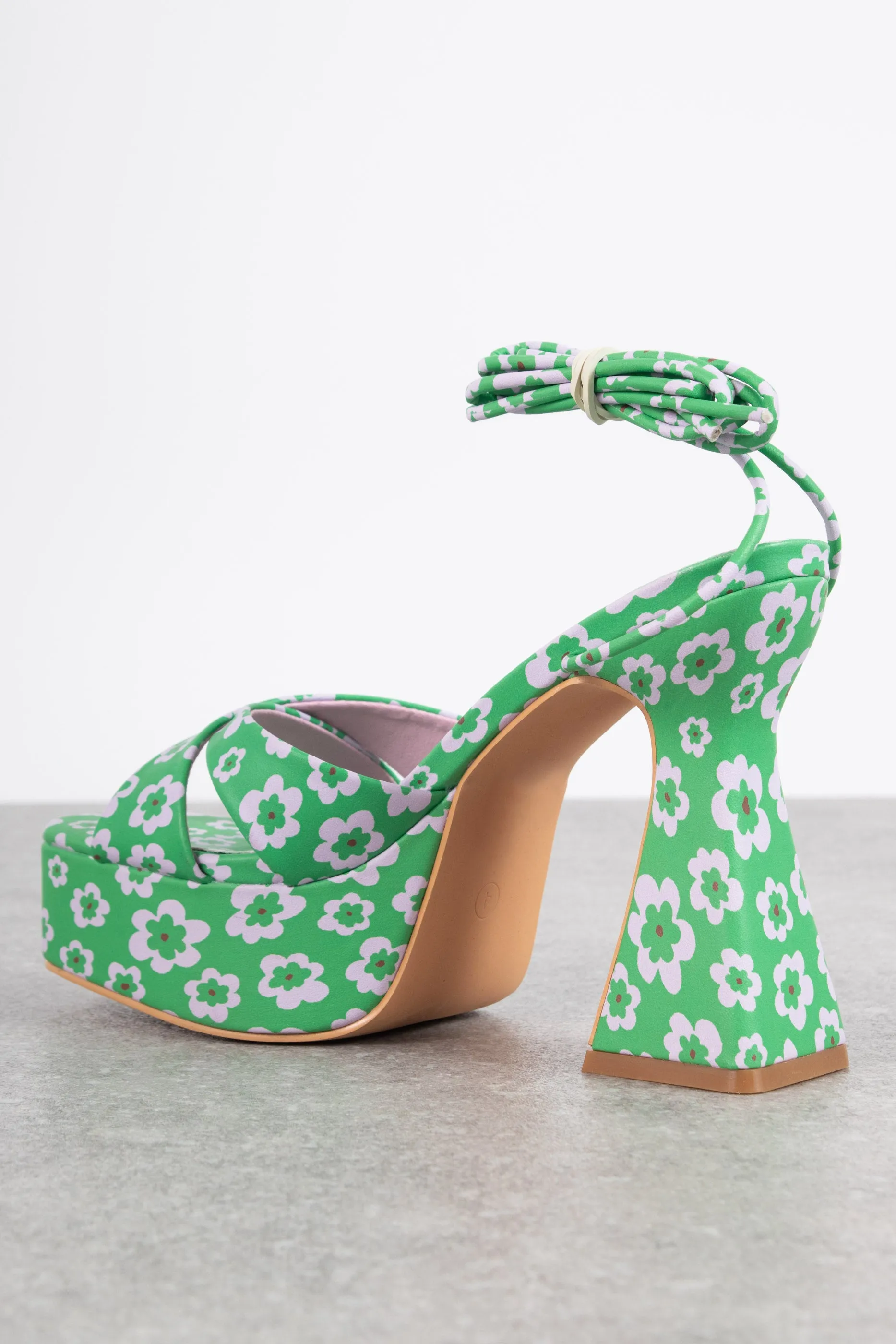 Daisy Street Platform Heeled Sandals in Green Floral Print