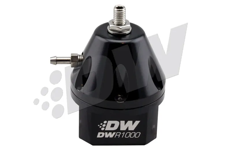 DeatschWerks In-Line Fuel Pressure Regulator - 30 to 100 psi - 6 AN Inlets / Return - 3/16 in Vacuum Line - 1/8 in NPT Port - Black Anodized