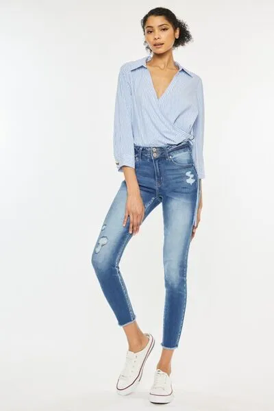 Distressed Raw Hem High Waist Jeans