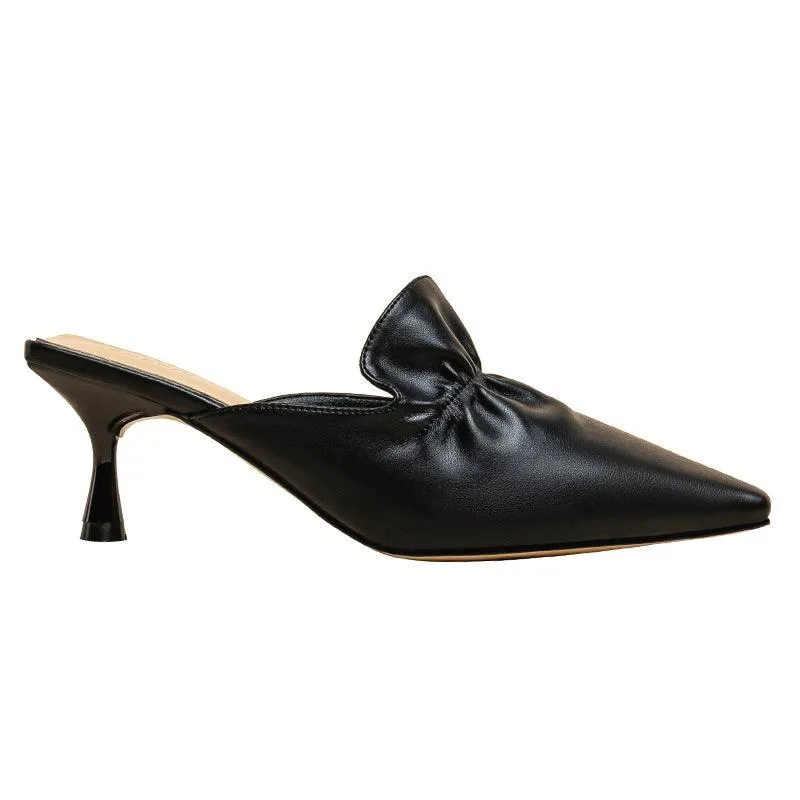 Exquisite Front Folded Designed Black Women's Leather Heel