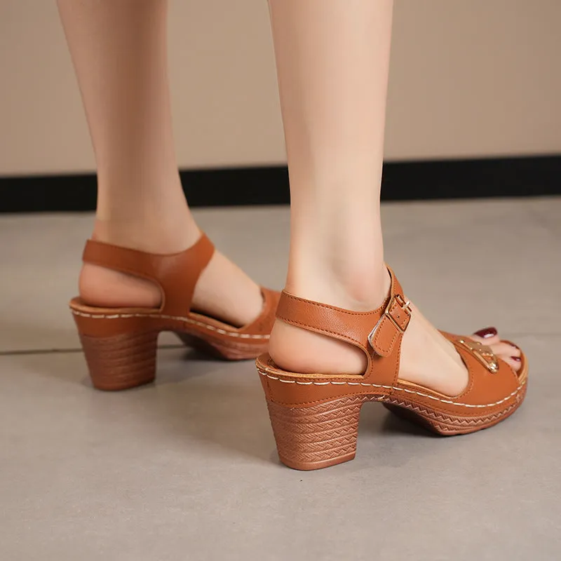 Face Buckle Chunky Heel High Heel Sandals Female