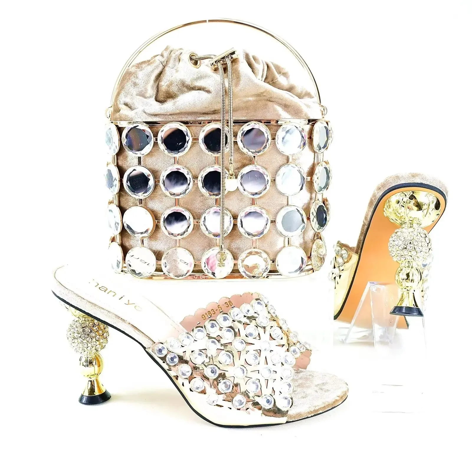 Fashion Shiny High Heels Nigerian Bow Crystal Sandals Wedding Party Elegant Women's Shoe Bag Set