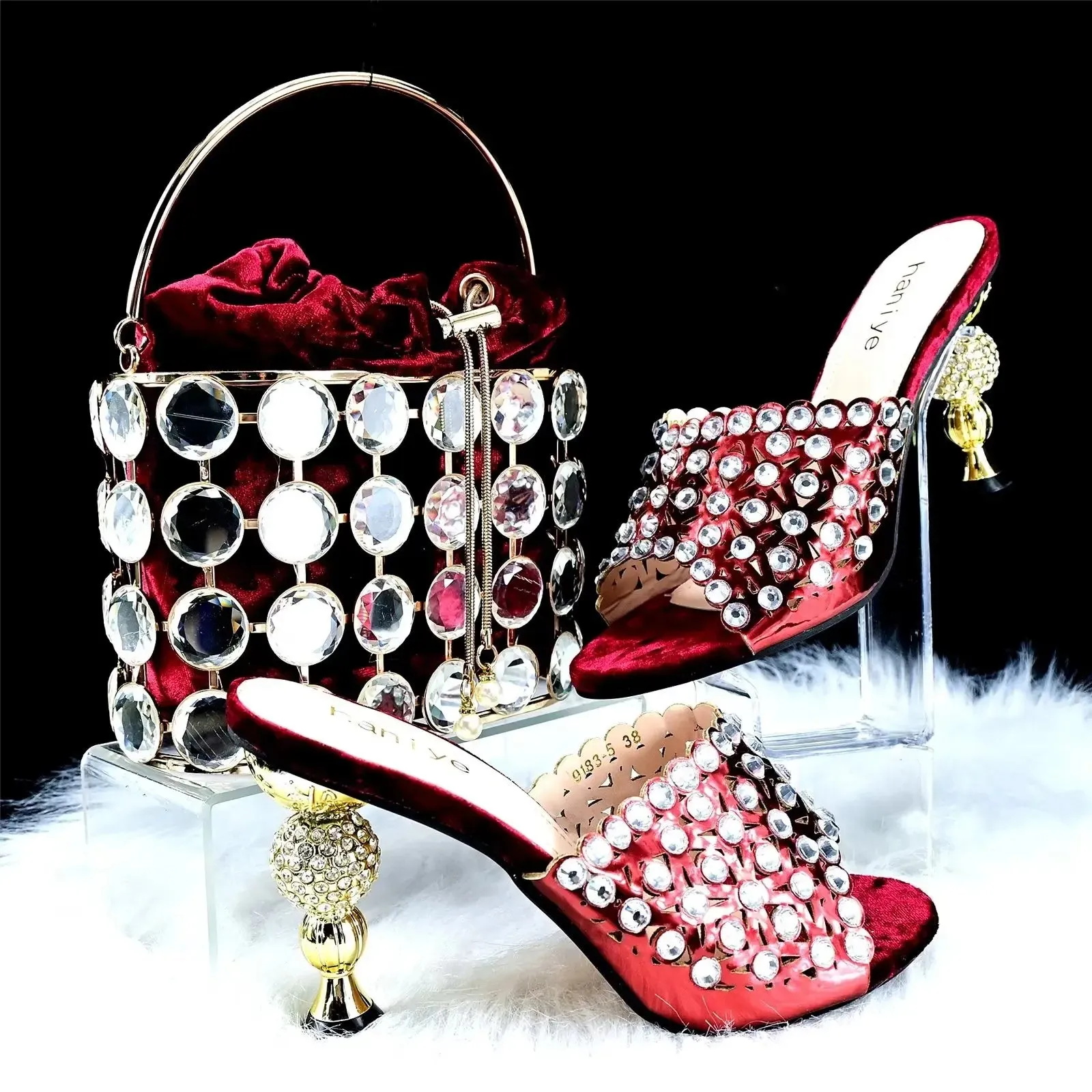 Fashion Shiny High Heels Nigerian Bow Crystal Sandals Wedding Party Elegant Women's Shoe Bag Set